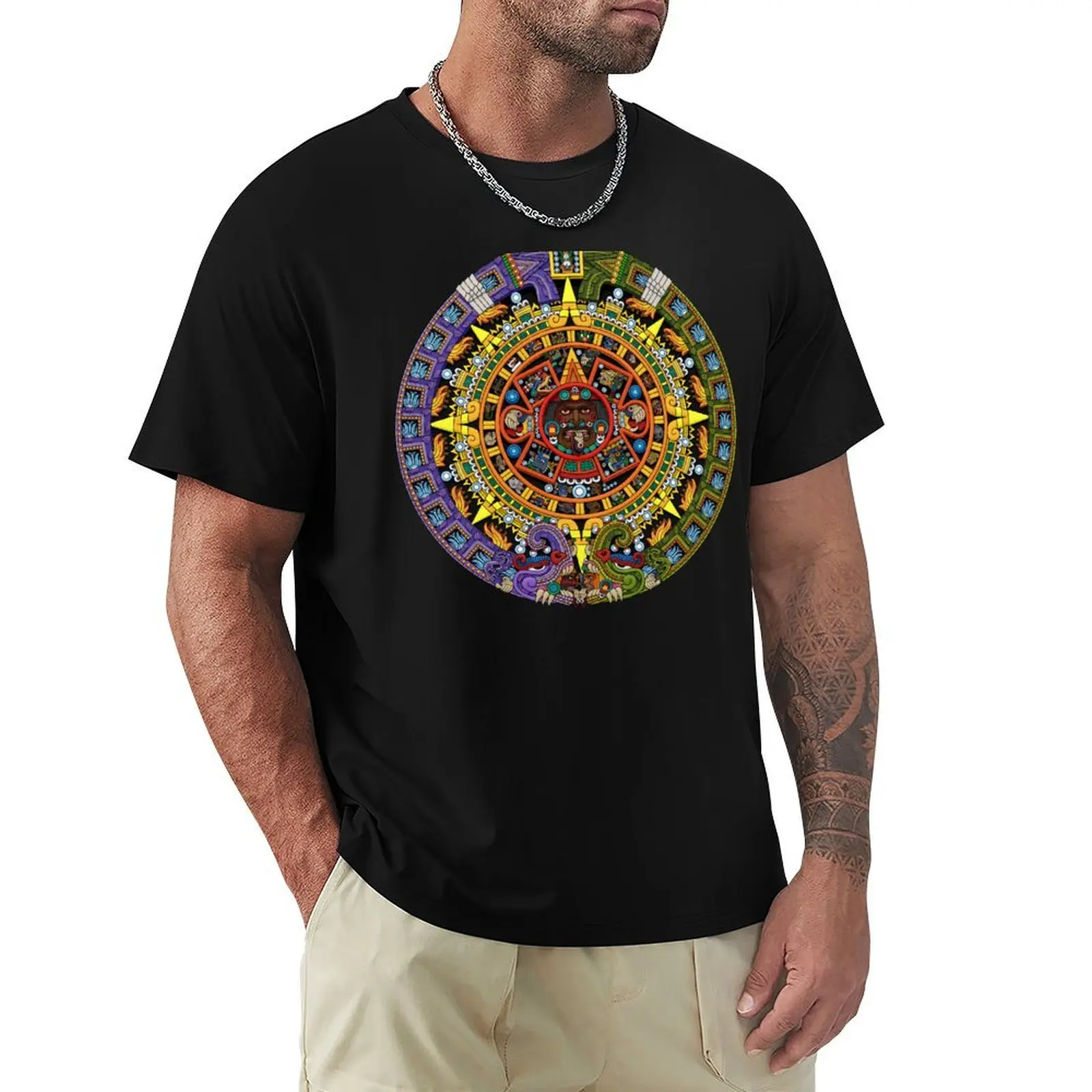 Aztec Calendar Sun Stone - Full Color T-Shirt rapper graphic tees man clothes for a boy anime clothes mens plain t shirts