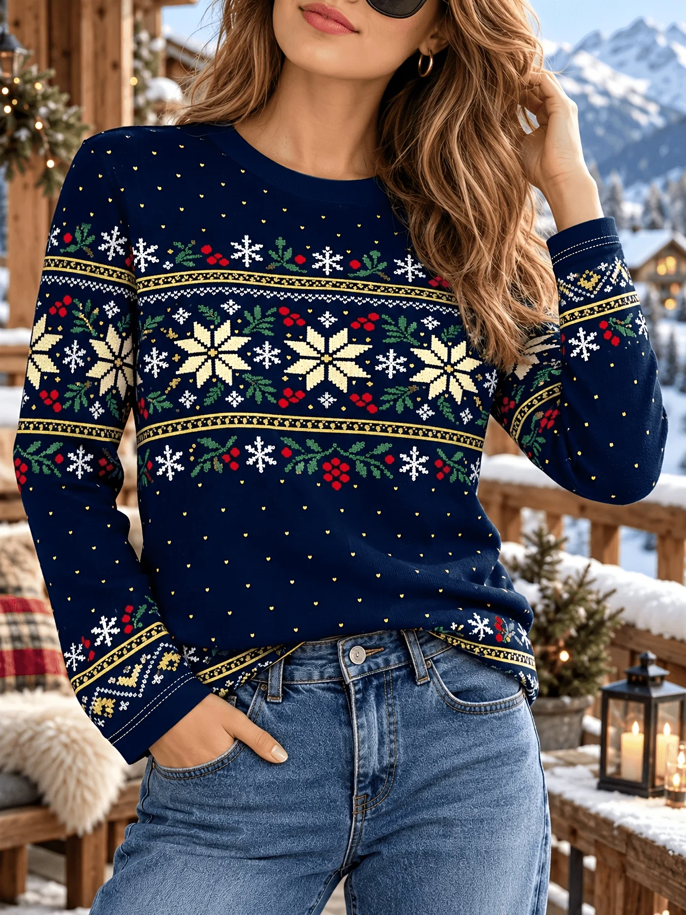 Women Long Sleeve T Shirt Round Neck Snowflake Berry Fair Isle Print Christmas Casual Top Women's Clothes