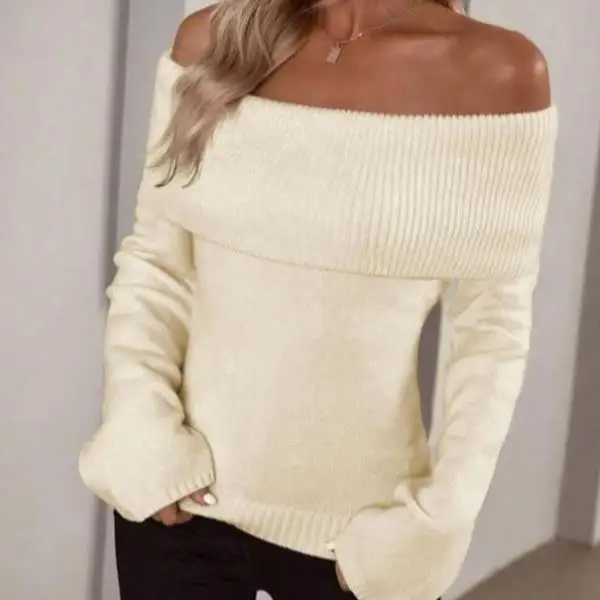 

Faionable Pure Color oulder-Bared Knitwear for Women Ele Ci Walk Coolmax Fiber Nine-Quarter Sve Collar