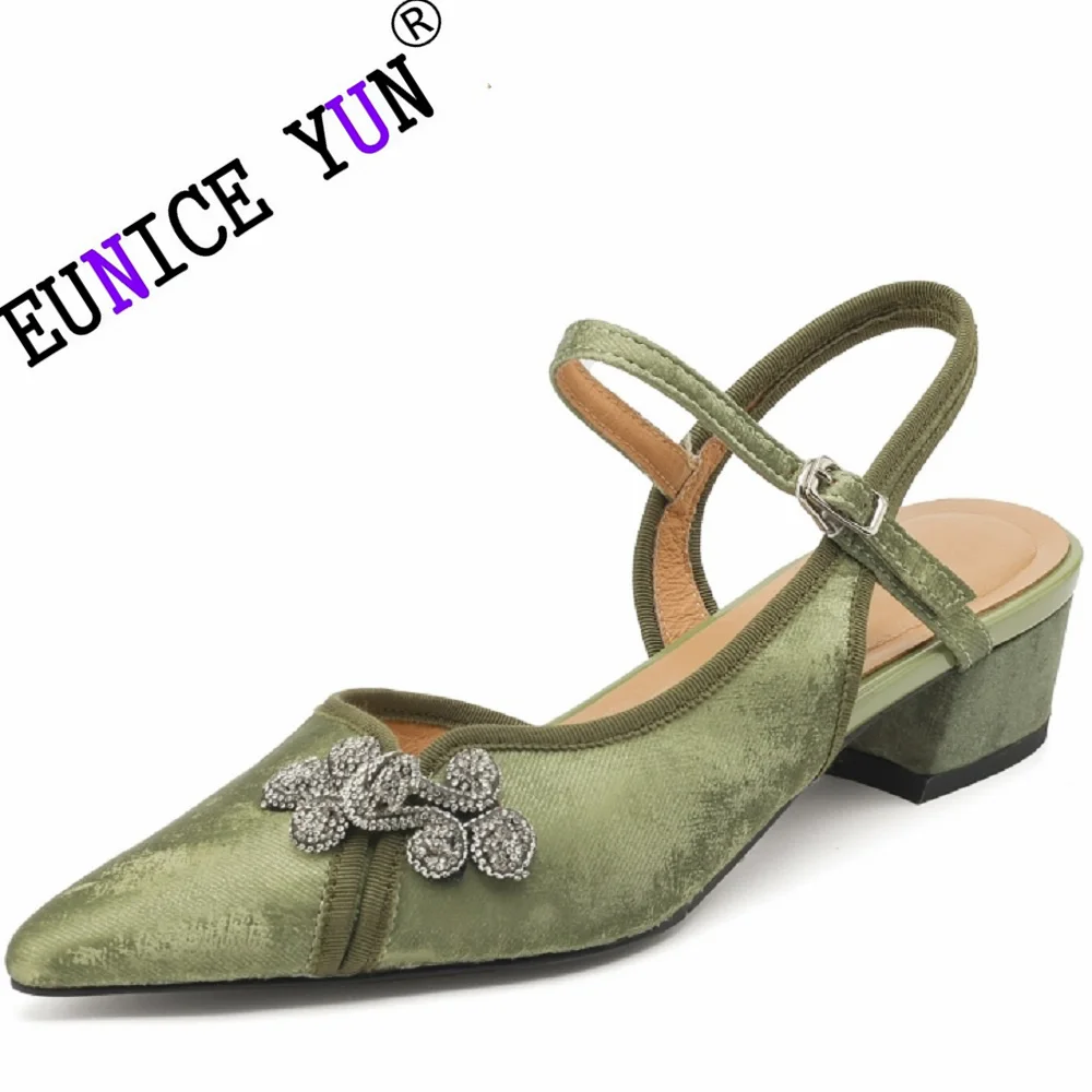 

【EUNICE YUN】Women Shoes Genuine Leather Slingbacks Thick Heels Pumps Buckle Low Heel Square Toe Ladies Footwear 33-41