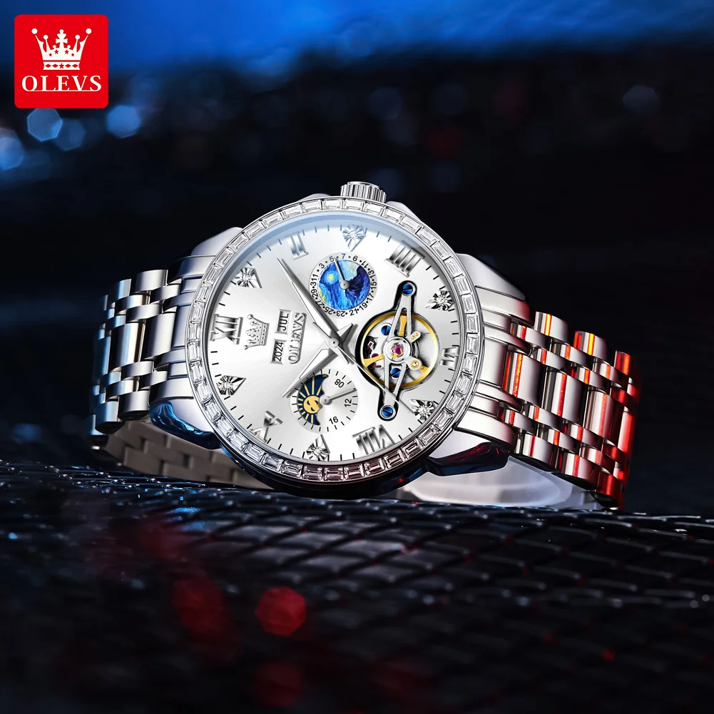 OLEVS 6712 Automatic Man Watch Luxury Skeleton Flywheel Dual Calendar Moon Phase Waterproof Diamond Bezel Mechanical Watches Men