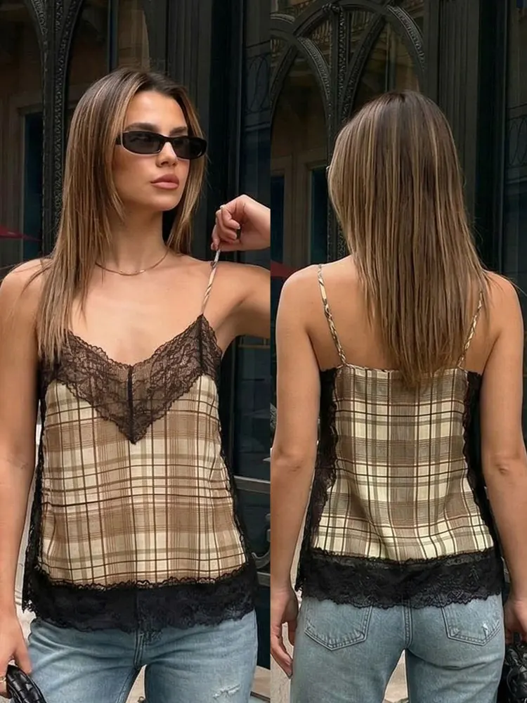 HH Retro braun-gelb kariertes Top, Street Fashion, Damen-Top mit Spitze, sexy, ärmellos, rückenfrei, V-Ausschnitt, Urlaubsoutfits für Damen