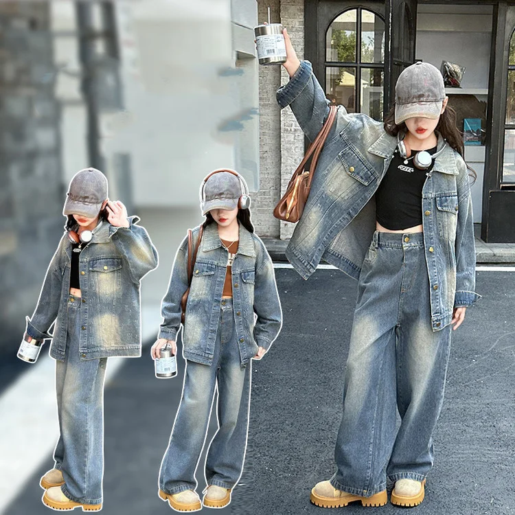 

Teenager Girl Denim Set Autumn Kid Girl Single-breasted Long Sleeves Coat Children Girls Straight-leg Jean 4-14Y Girls 2pcs Suit