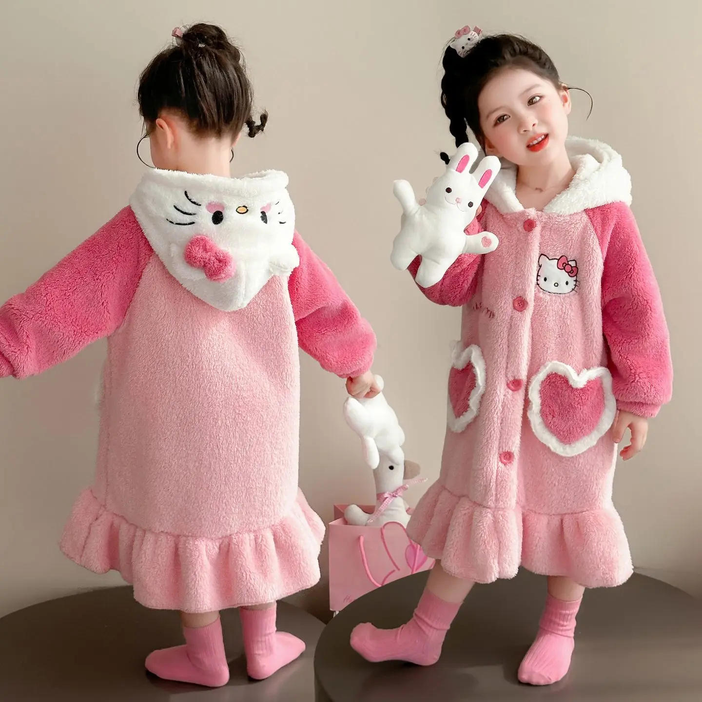 

Sanrio Kawaii плюшевая пижама для девочек, зимняя детская пижама с рисунком «Hello Kitty», аниме, коралловый флис, теплая утепленная ночная рубашка с капюшоном