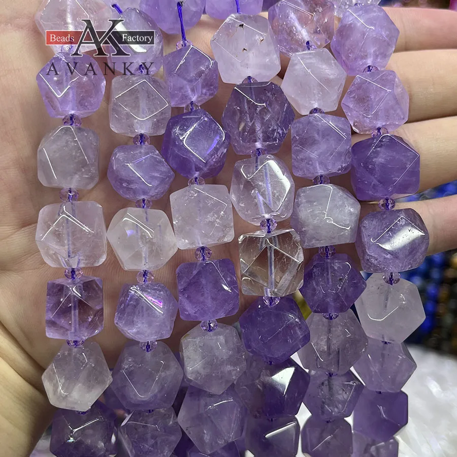 Natural Crystal Amethyst Handmade Faceted Irregular Cube Loose Beads Stone For DIY Jewelry Making Bracelet Necklace 15“ 12-13mm