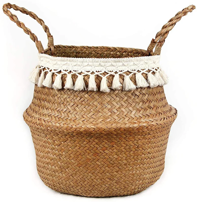 Tassel Macrame Woven Seagrass Belly Basket for Storage, Decoration, Laundry, Picnic, Plant Basin Cover, Groceries and Toy Storag