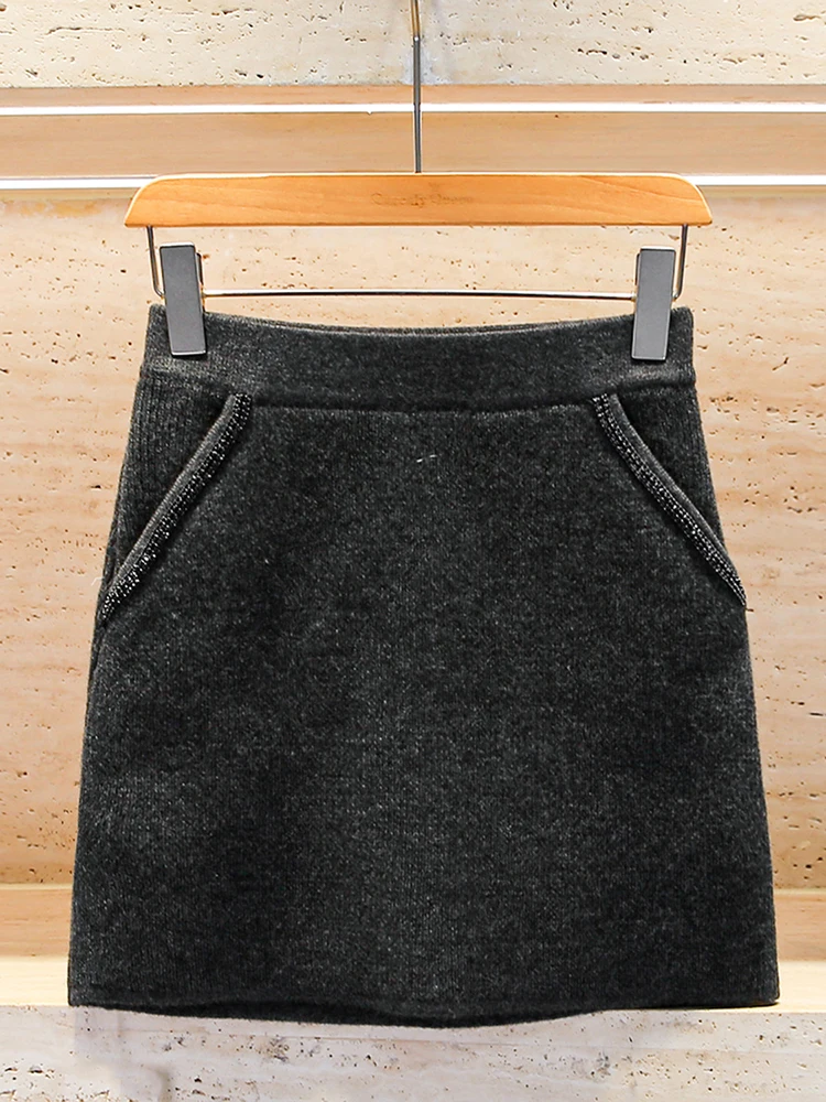

High Waist ort Knitted f Skirt with Beads Ele Sle Commute Simple Design Polyester Fiber A-Line Skirt