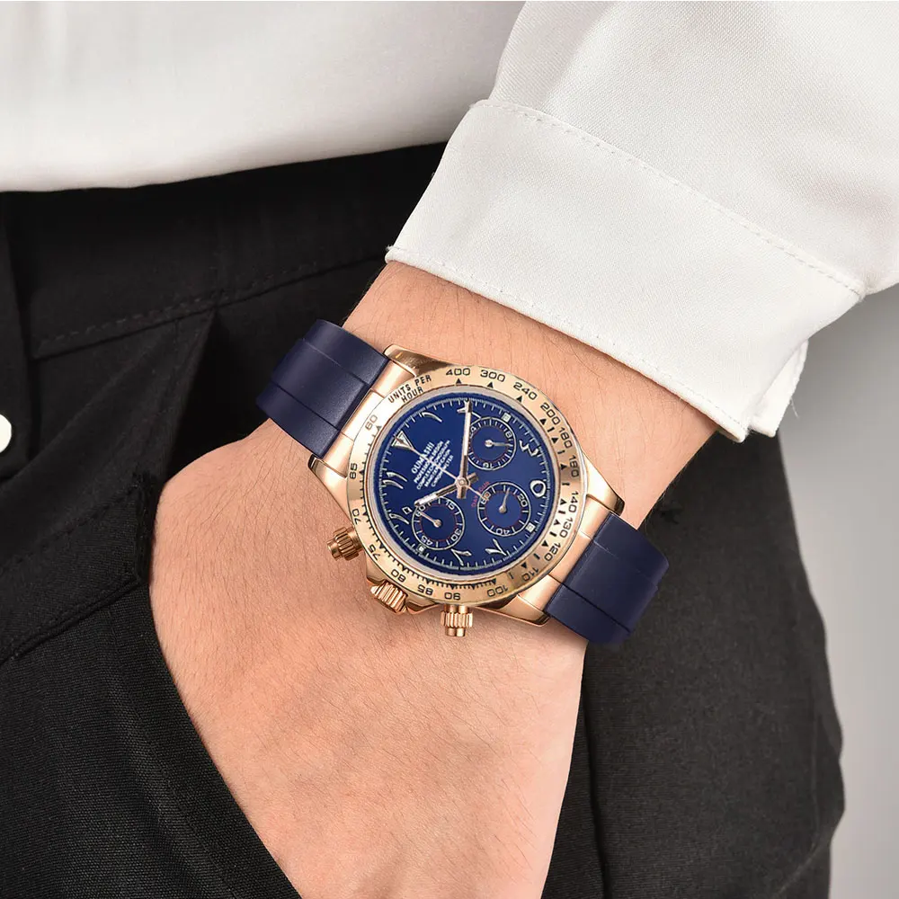 39mm rose gold men's watch VK63 movement quartz chronograph sapphire glass blue Arabic dial luxury business men custom watch