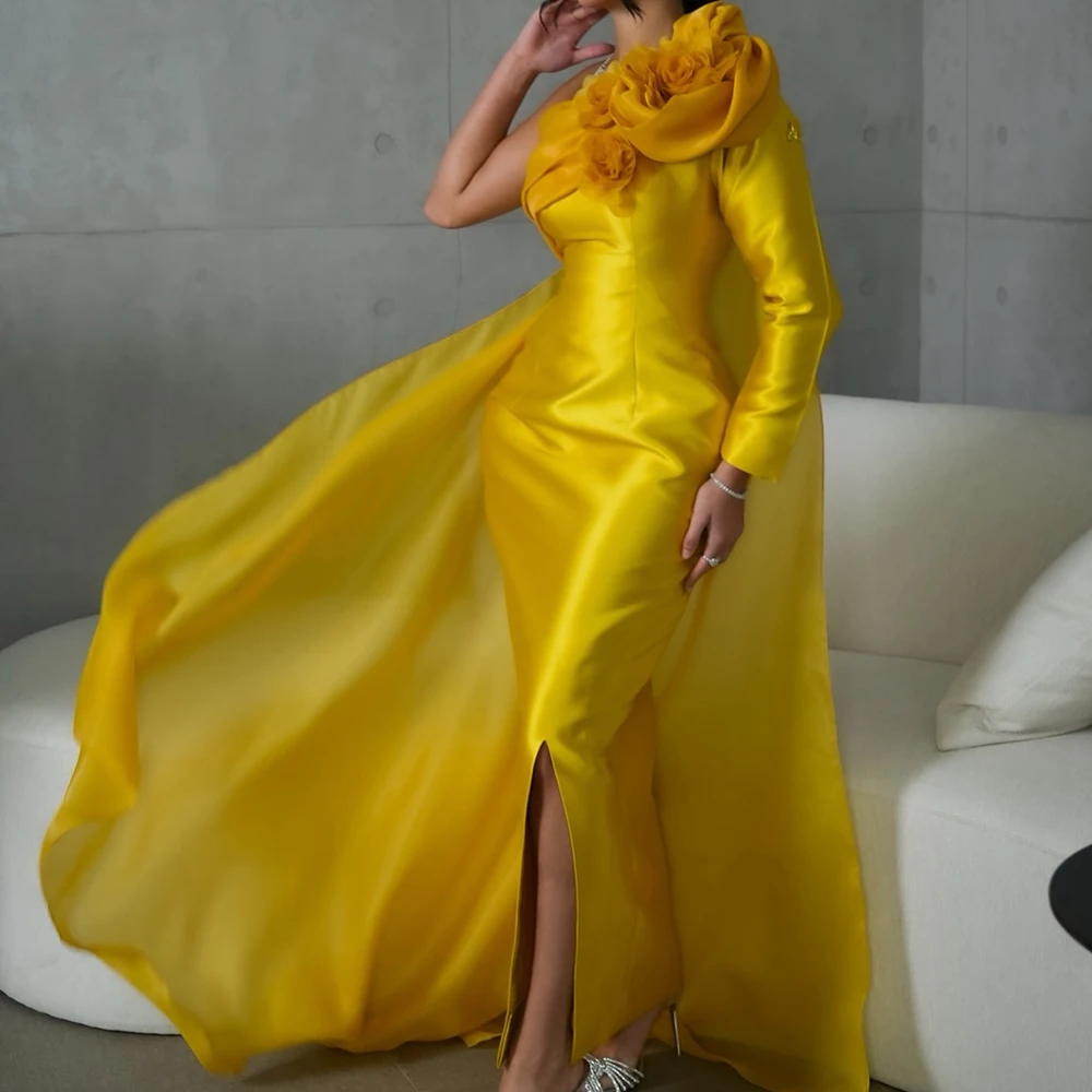

Customized Fashion Satin Mermaid One Shoulder Flowers Evening Dress Floor Length Side Slit Long Sleeves Watteau Train Vestidos d