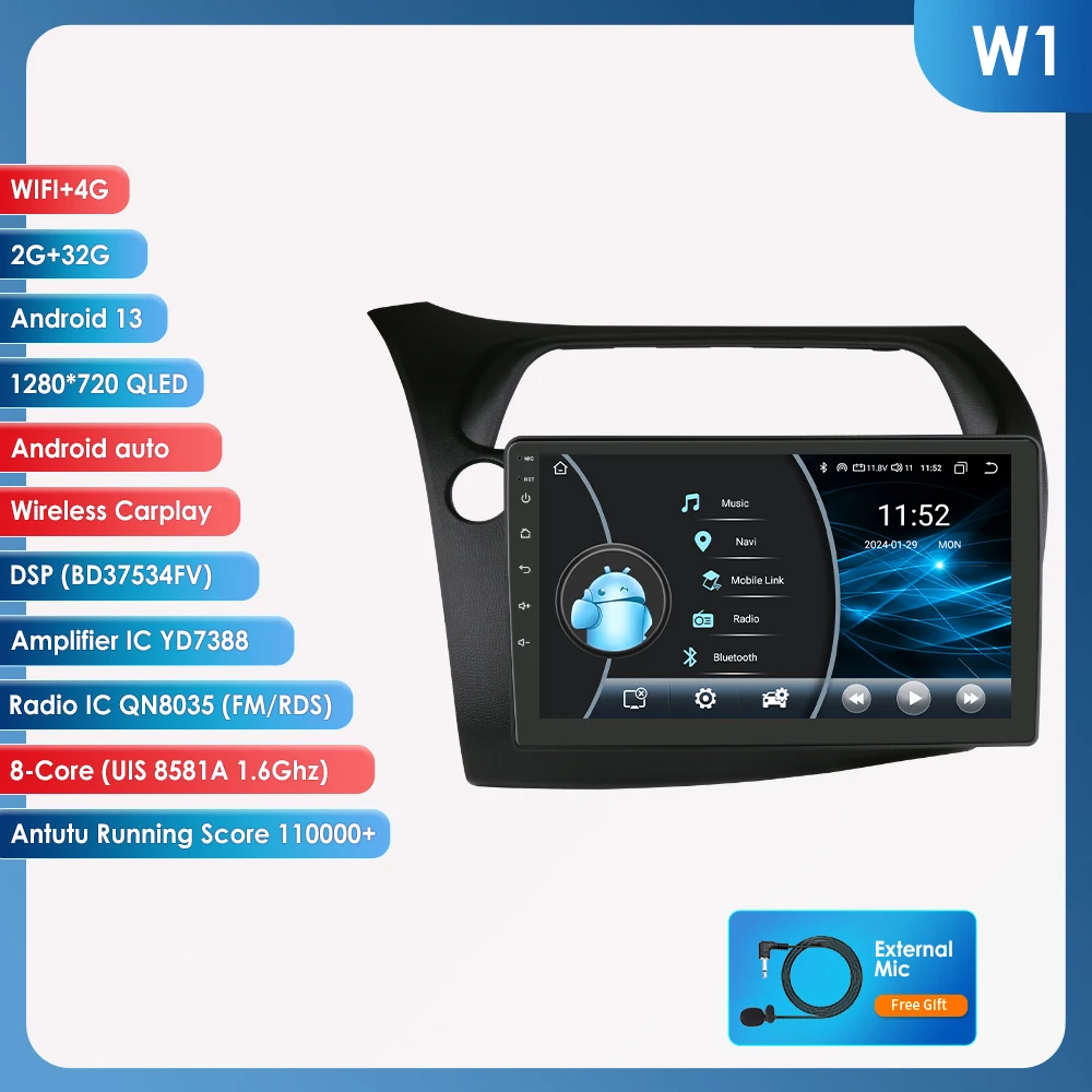 Android13 Autoradio Voor Honda Civic Hatchback 2005-2011 Auto Multimediaspeler Draadloze Carplay 4G-Let 2din Autoradio 360Camera