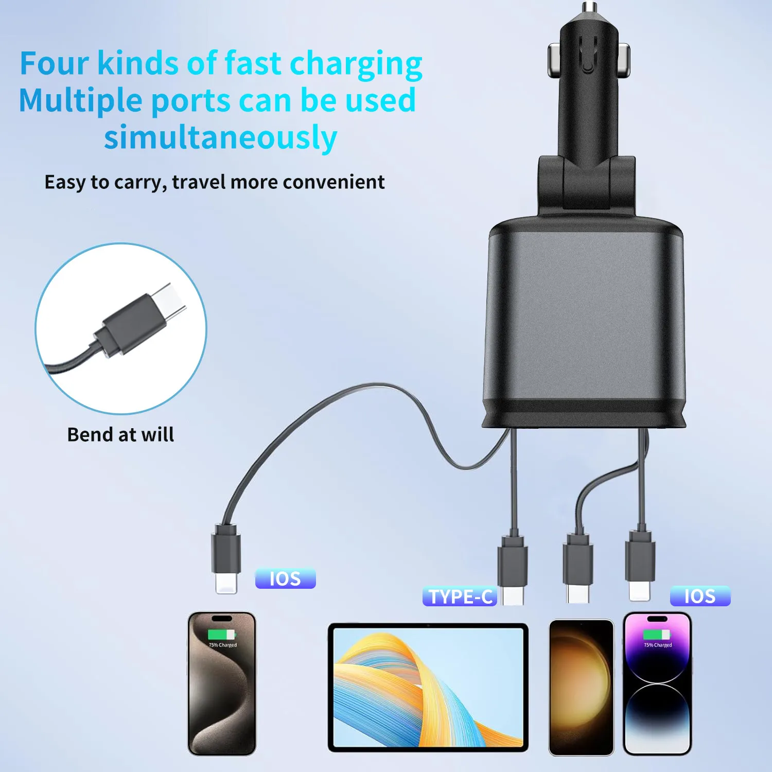 Super Fast Car Phone Charger 66W Car Phone Charger with Retractable Cables USB and Type-C Port 4 IN 1 Retractable Car Charger B1