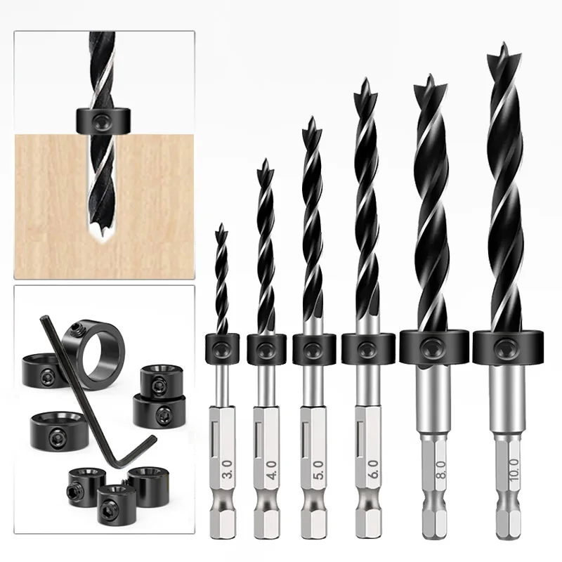 Broca para carpintería de tres puntas con mango Hexagonal 1/4, juego de anillos posicionadores de parada de profundidad, herramienta eléctrica escariadora de agujeros para carpintería