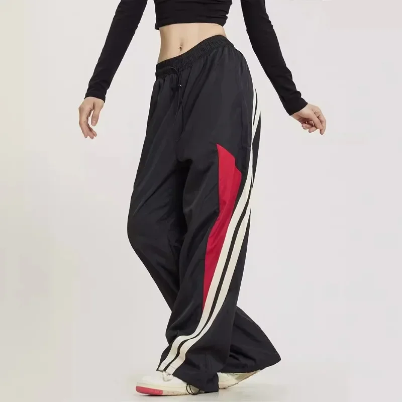 

American Style Y2k Retro Street Bound Elastic Waist Patchwork Sports Pants High Waisted Loose Wide Leg Pants Female Clothing