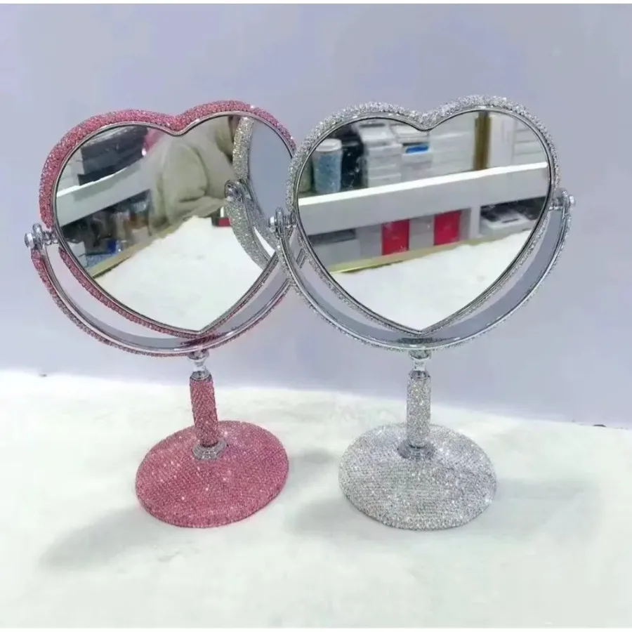 Bling Rhinestone Love Heart Makeup Mirror 360 ° Rotating Folding Cosmetics Mirror Desktop Double Sided Mirror Beauty Tools Gift