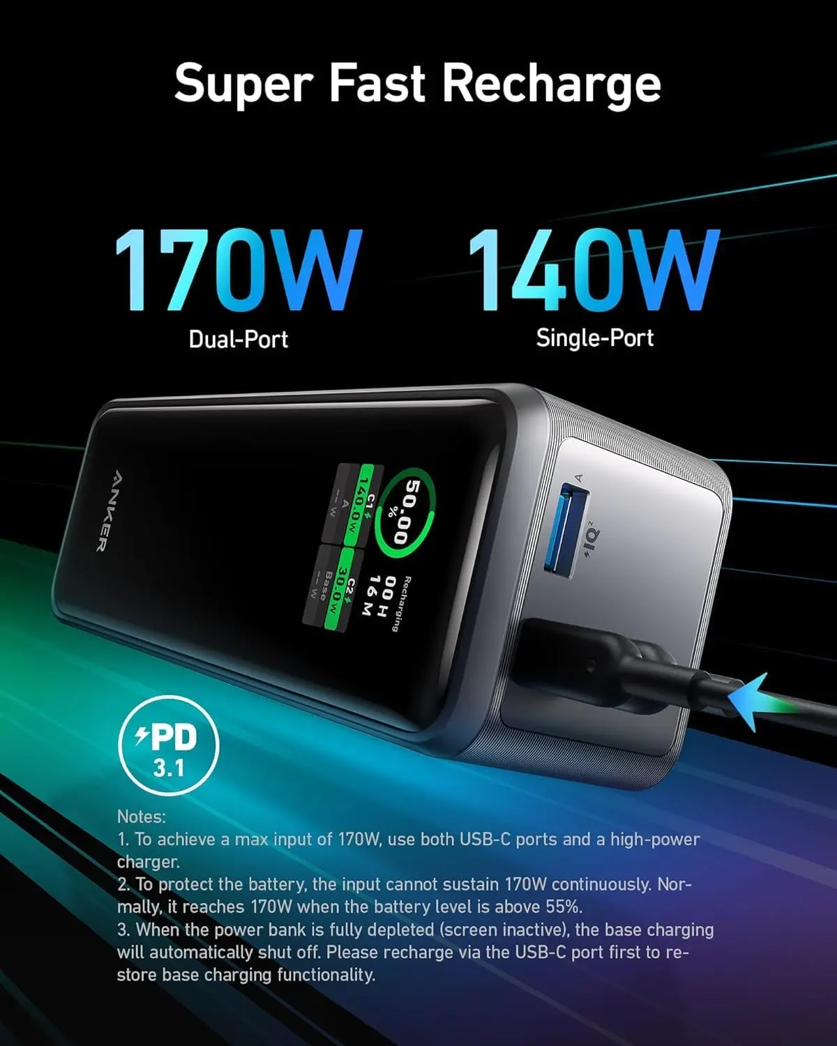 Prime Power Bank, 27,650mAh Carregador portátil de 3 portas 250W para viagens, aprovado pela TSA, aplicativo inteligente,