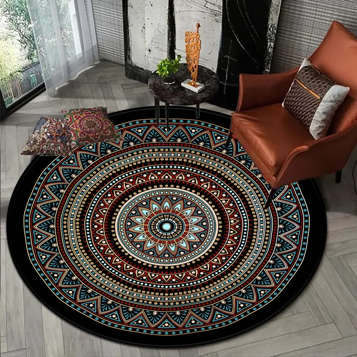 Round Rug Mandala Bohemian Ethnic Pattern Flannel Door Mat Vibrant Non Slip Floor Carpet for Yoga Meditation Space Home Decor