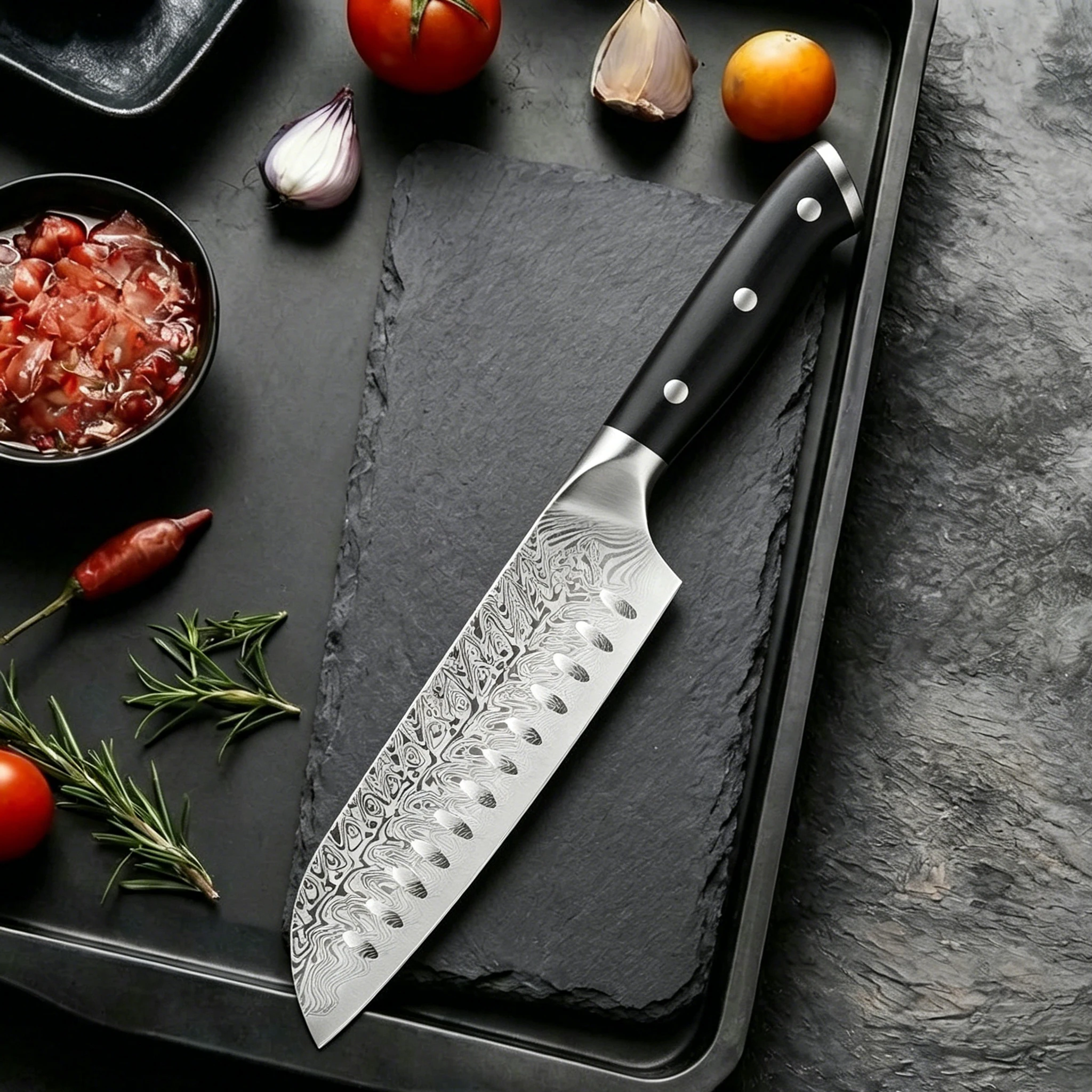 High-end kitchen knives, Damascus steel textured Japanese knives, Santoku knives, for cutting fruits and meats in the kitchen