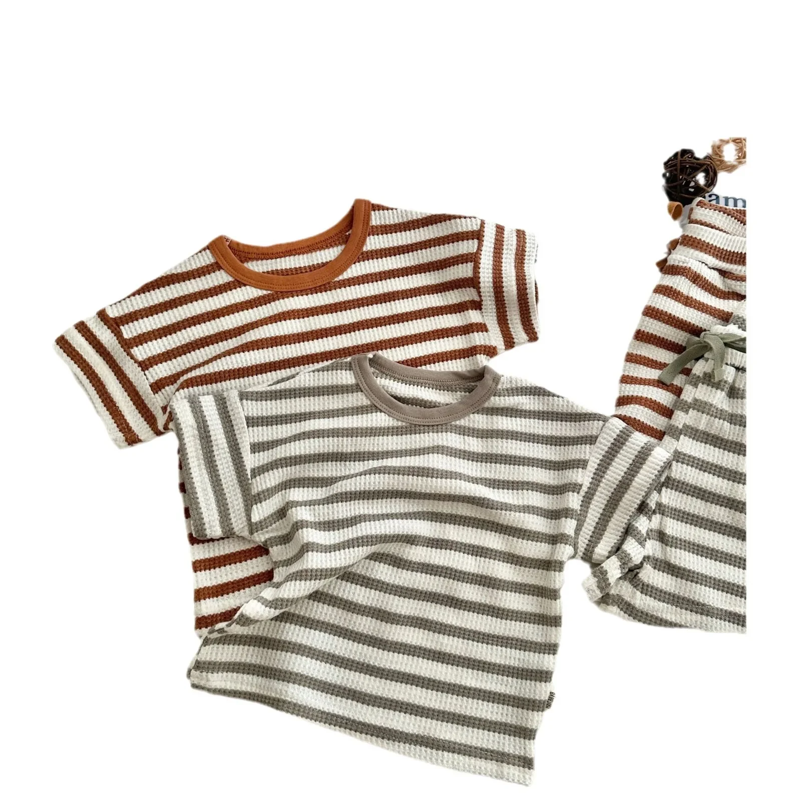 2024 Summer New Baby Short Sleeve Clothes Set Toddler Girl Casual T Shirts + Shorts 2pcs Suit Kids Boys Waffle Striped Outfits