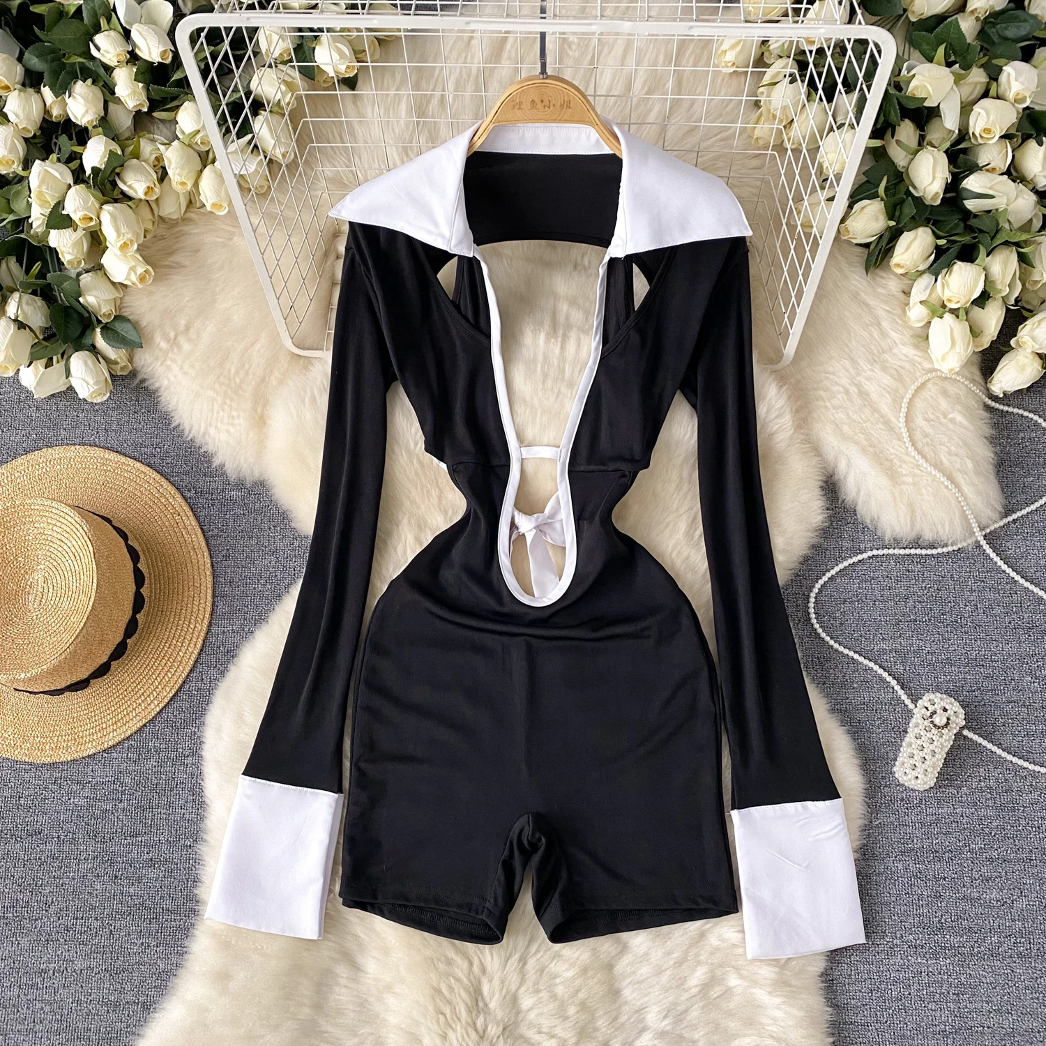 

Female Hot Sweet Hit Color Playsuit Women Sexi Onesie Romper Hollow Out Bandate Turn Down Coller Summer Jumpsuit Night Bodysuit