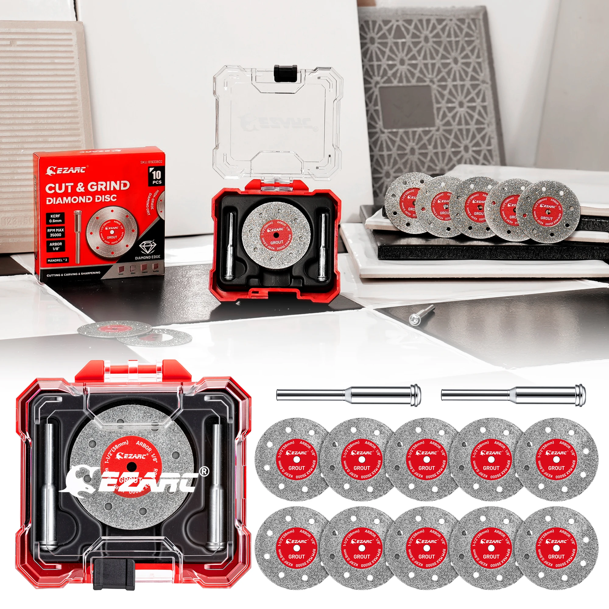 EZARC 10PC Diamond Tile Cutting Wheels with 2 Mandrels, 38mm Cutting Disc 0.6mm Ultra Thin Kerf for Marble Brick Glass Porcelain