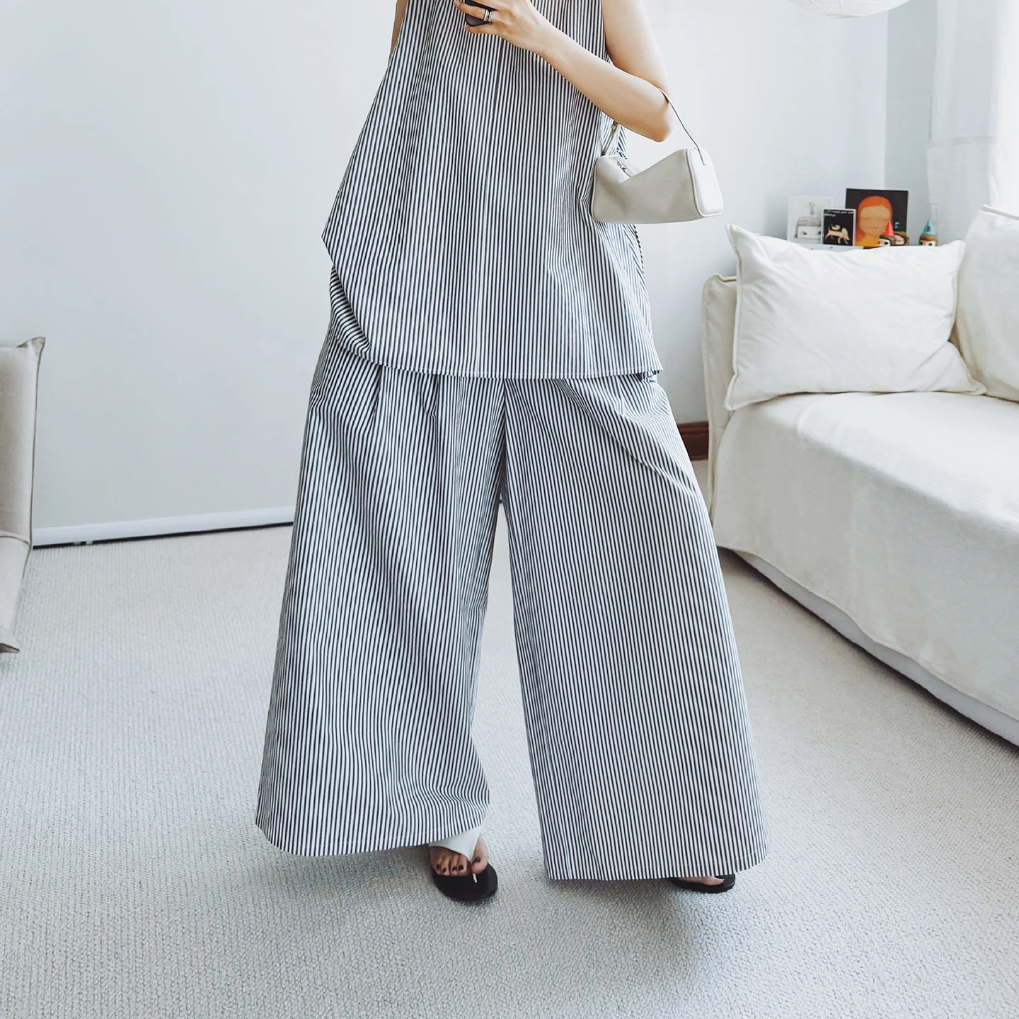 

Женские свободные повседневные брюки-юбка из хлопка с широкими штанинами, оригинальные, белые в полоску, для ранней осени