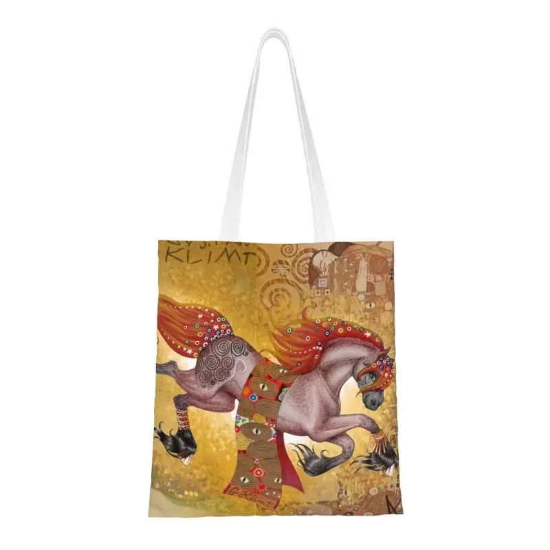 Gustav Klimt Running Horses Groceries Shopping Tote Bags Women Fashion Golden Tears And Kiss Canvas Shopper Shoulder Bag Handbag