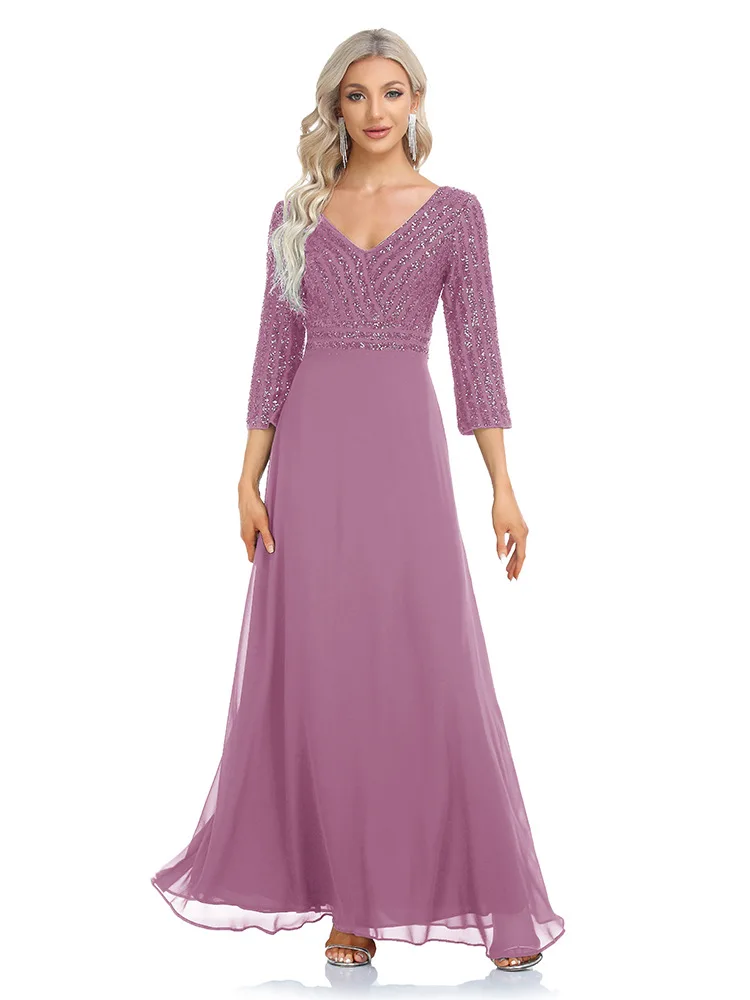 Elegante vestido de lantejoula manga comprida feminino formal, Azul Chiffon, Linha A, Decote V, Festa de Casamento, Graduação, Formatura, Mulheres, 2024