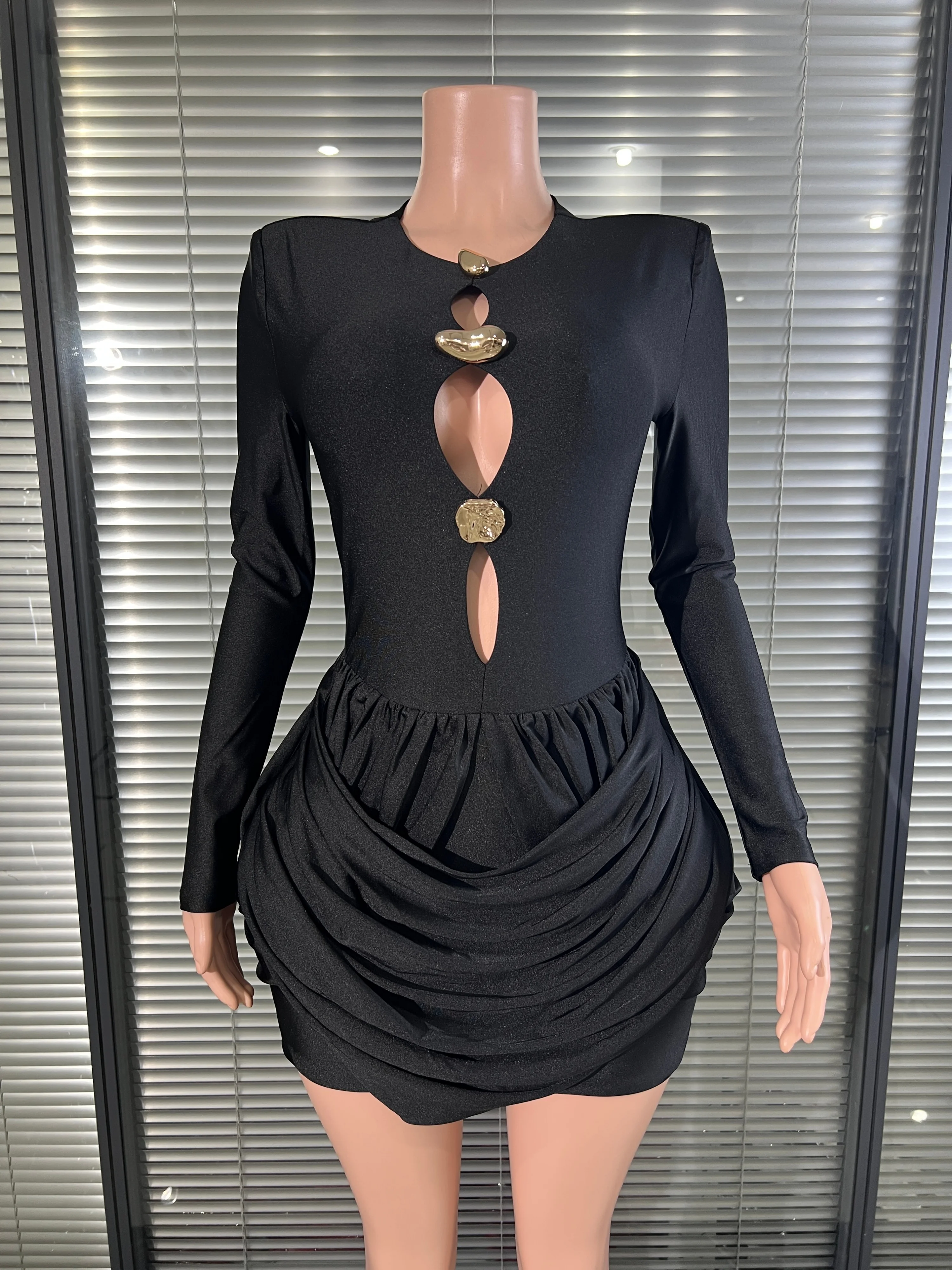 Women Long Sleeve Round Neck MiniDress The front part is hollowed out. Gold Decor DrapedRuched Skirt Bodycon Date Party Outfit