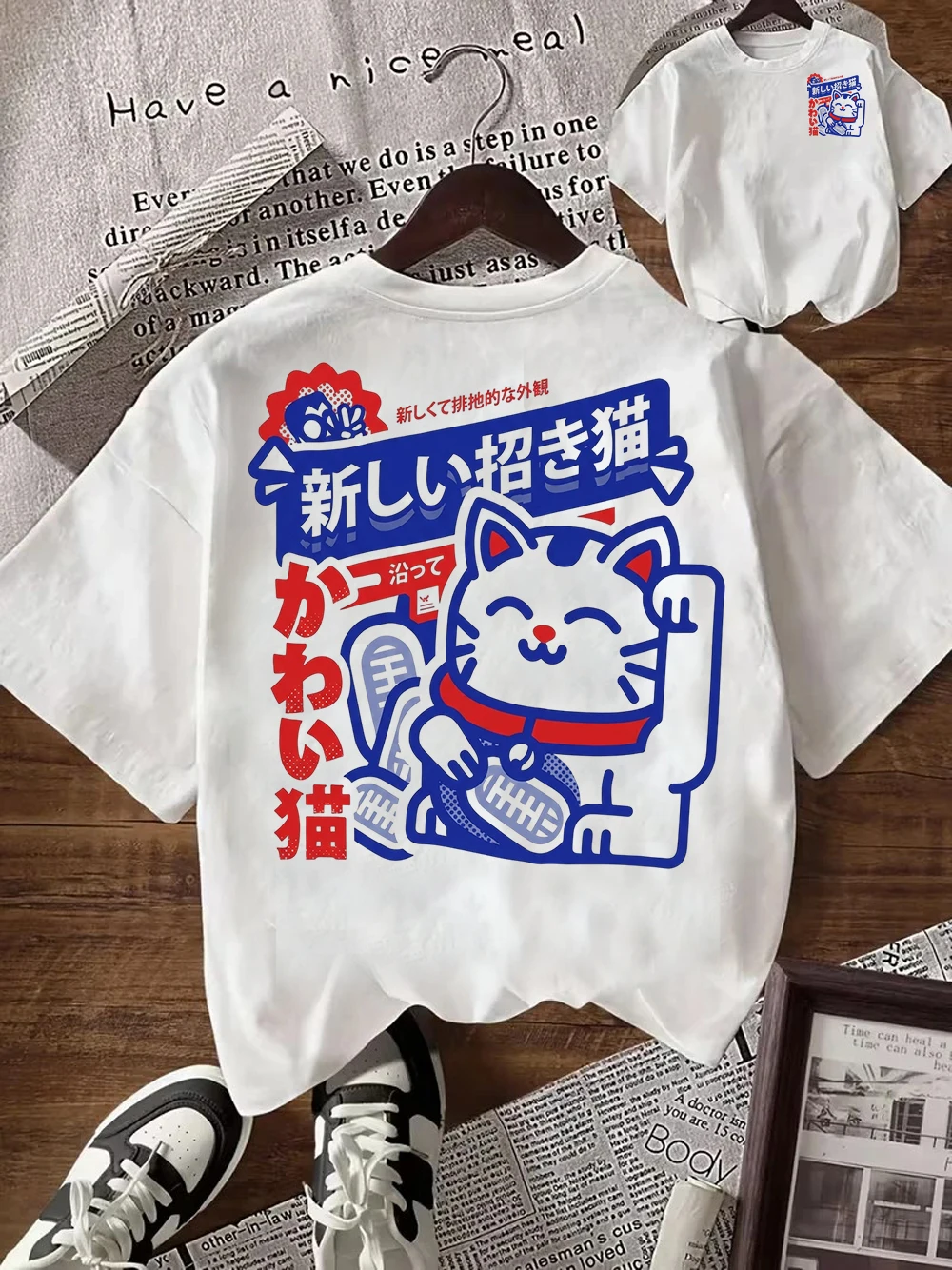 Japanese Maneki Neko Lucky Cat T-Shirt Kawaii Graphic Tee Summer Short Sleeve Harajuku Streetwear Fashion Unisex Trendy Tops