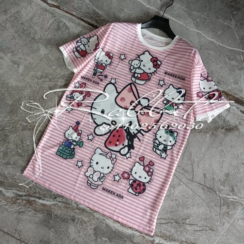 

Новая летняя корейская модная футболка Y2k Hello Kitty, женская модная свободная повседневная дышащая футболка с круглым вырезом допамина