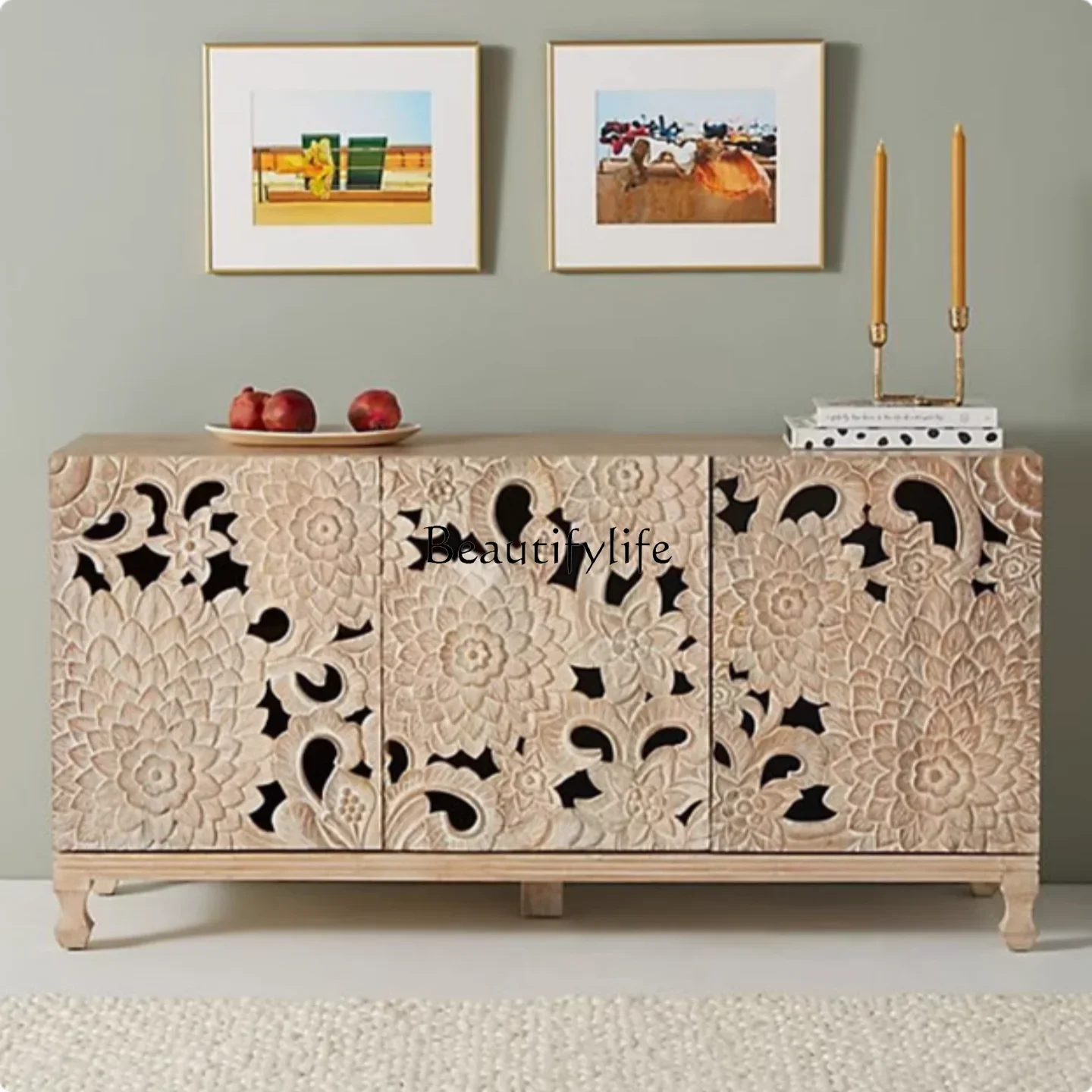 

01 yj19 American Retro Solid Wood Hollow Carved TV Cabinet French Country Vintage Decorative Entryway Sideboard Storage Cabinet