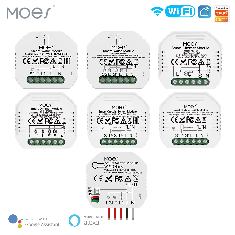 MOES WiFi Smart Light Dimmer Module / Switch Module Smart Life Tuya Remote Control funziona con Alexa Google Home 1/2 Way 1/2 Gang