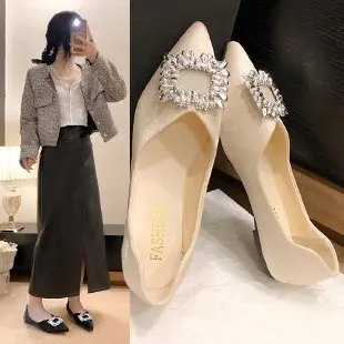 Women 2024 Autumn New Small Fragrant French Flash Drill Point Shallow Mouth Fairy Flat Shoes