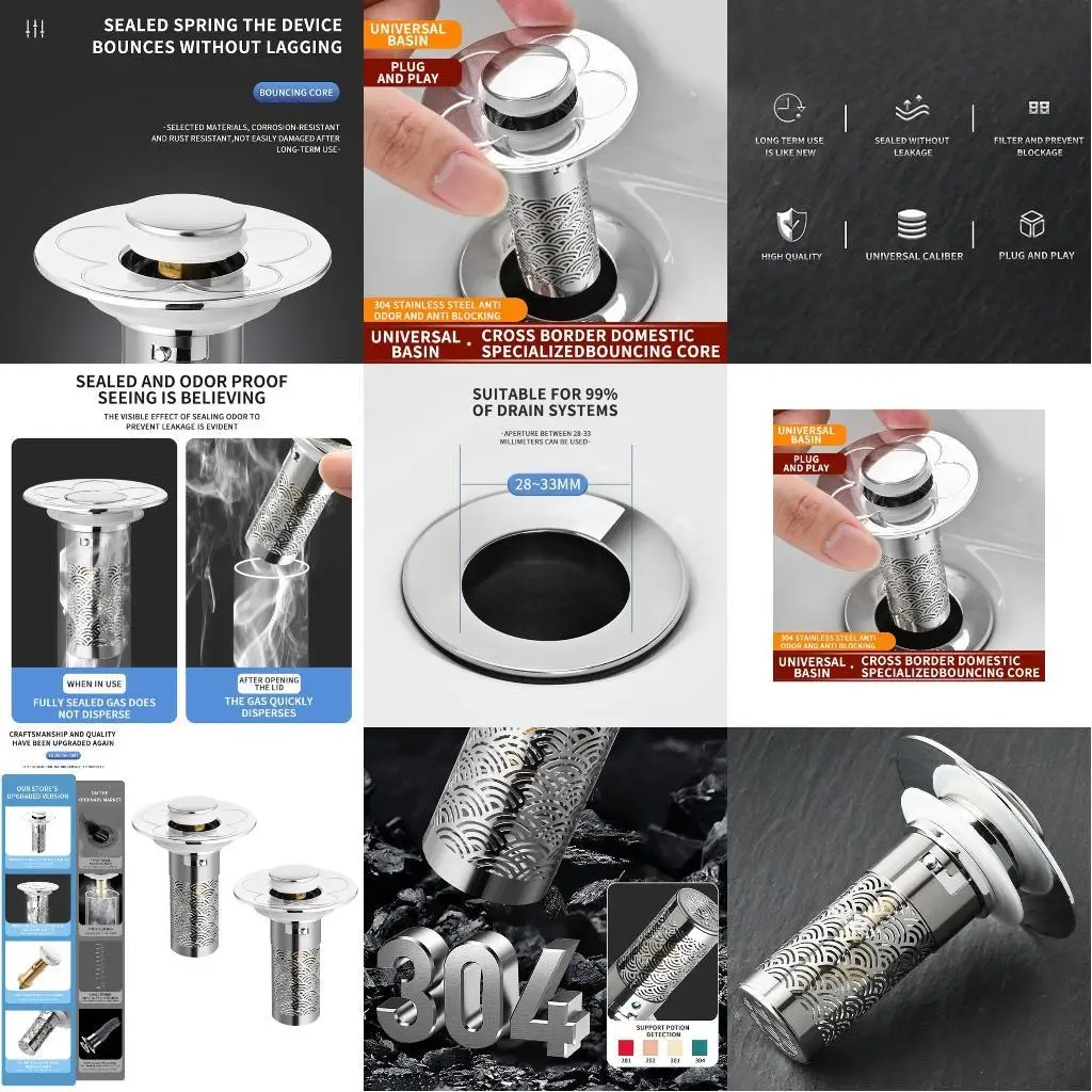 

652F Upgrades Press Type Drain Filter Easy installs Hair Strainer Brass Cores Appear Mechanism Drain Stoppers for Sink Bathtubs
