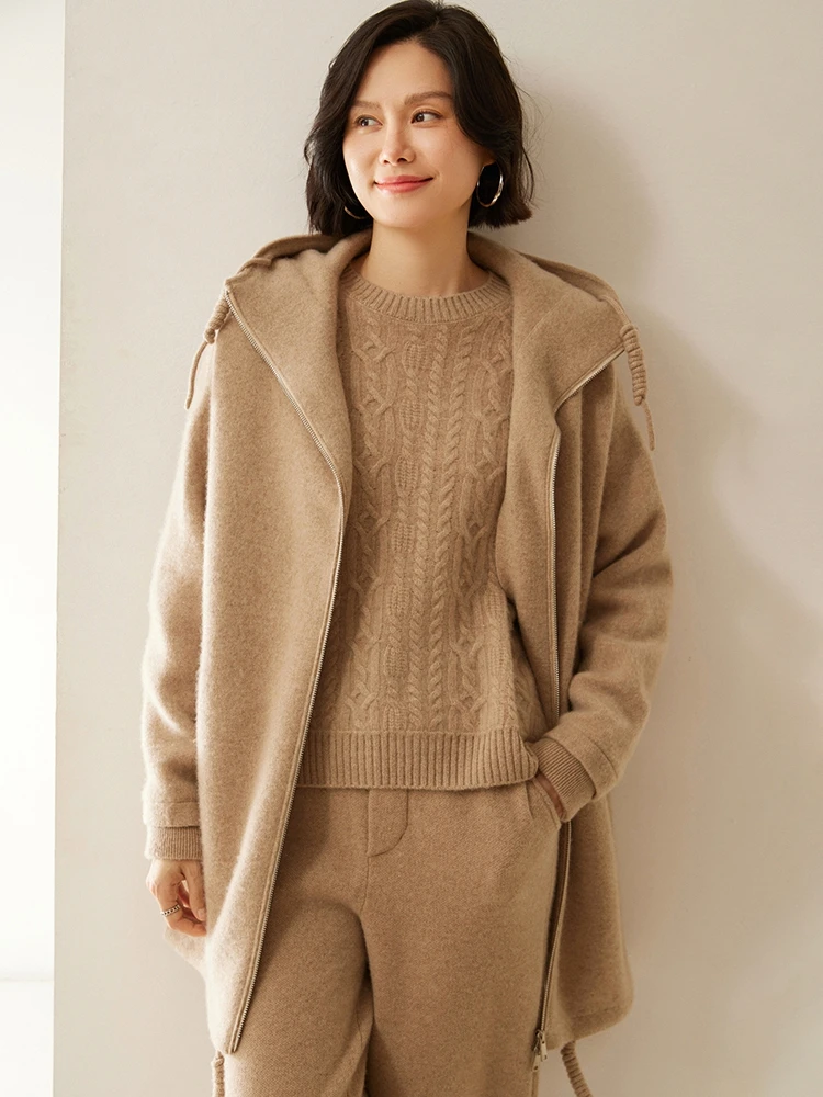 New Chic Women 100% Cashmere Sweater Hooded Cardigan Luxury Autumn Winter  Zipper Mid-length Coat Casual Loose Cashmere Knitwear