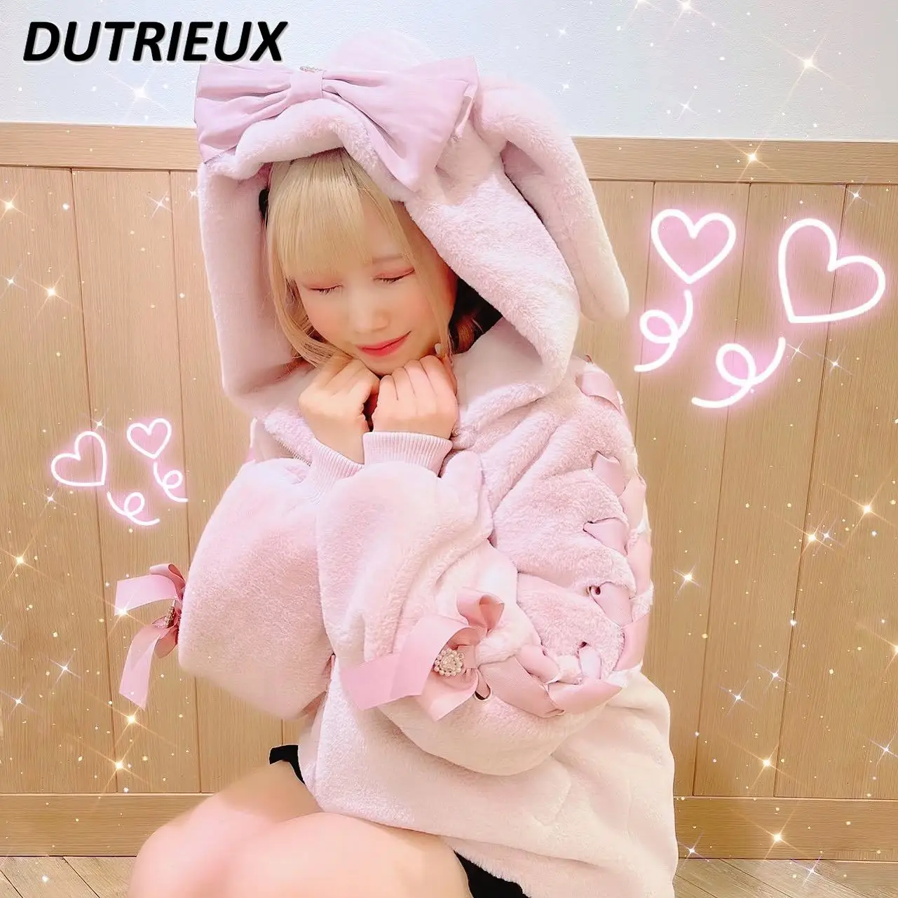 High Quality Japanese Winter Coat Sweet Cute Mine Cute Rabbit Ear Plush Cotton Jacket Sweet Girls Lolita Coats for Women Clothes