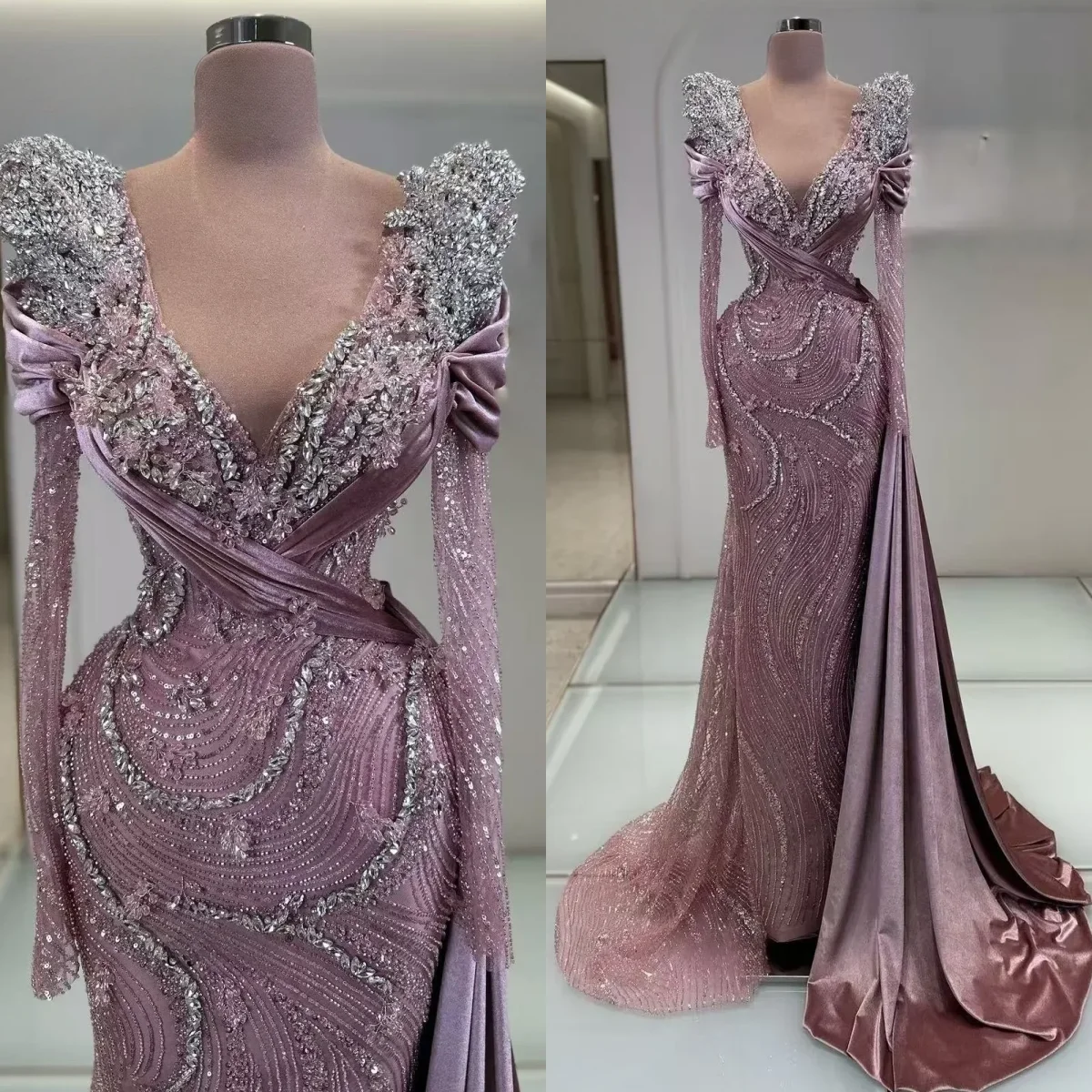 

Sparkly Sequins Mermaid Evening Dresses V Neck Long Sleeve Prom Gowns Crystals Beading Formal Party Customized
