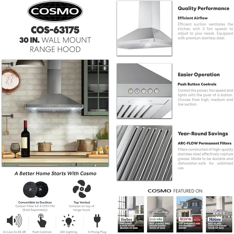 COSMO 63175 30 in. Wall Mount Range Hood with Efficient Airflow, Ducted,3-Speed Fan,Permanent Filters, LED Lights,Chimney Style