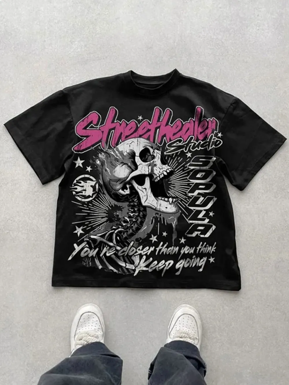 European and American Men's Summer New Skeleton Scream Letter Print Soft and Breathable Round Neck T-Shirt Outdoor Street Top