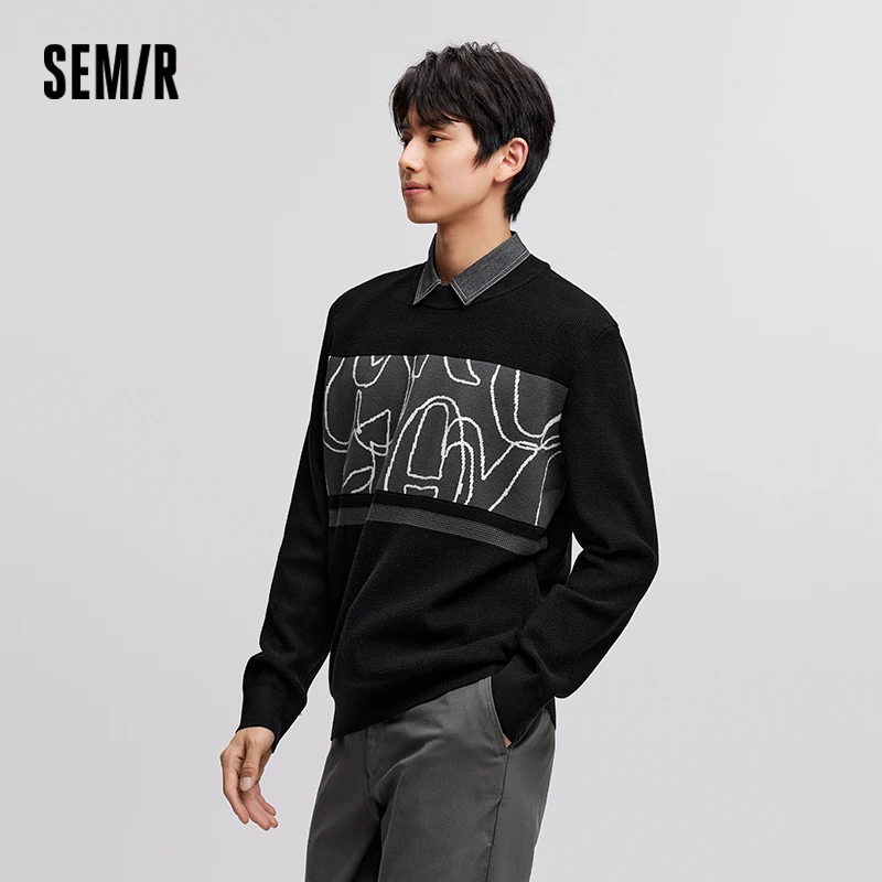 Semir Sweater Men Contrasting Color Fake Two-Pieces Sweater 2024 Winter Fashion Fitted Texture Sense Jacquard Knitted Sweater