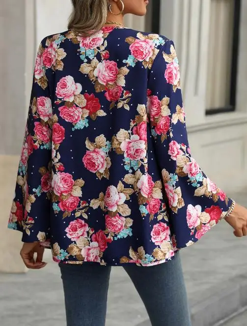 ฤดูใบไม้ร่วงใหม่แขนยาวพิมพ์ลายดอกไม้บางเสื้อสเวตเตอร์ถักสําหรับผู้หญิง,Elegant และหลวมดอกไม้ Flared Sleeve เสื้อสเวตเตอร์ถัก