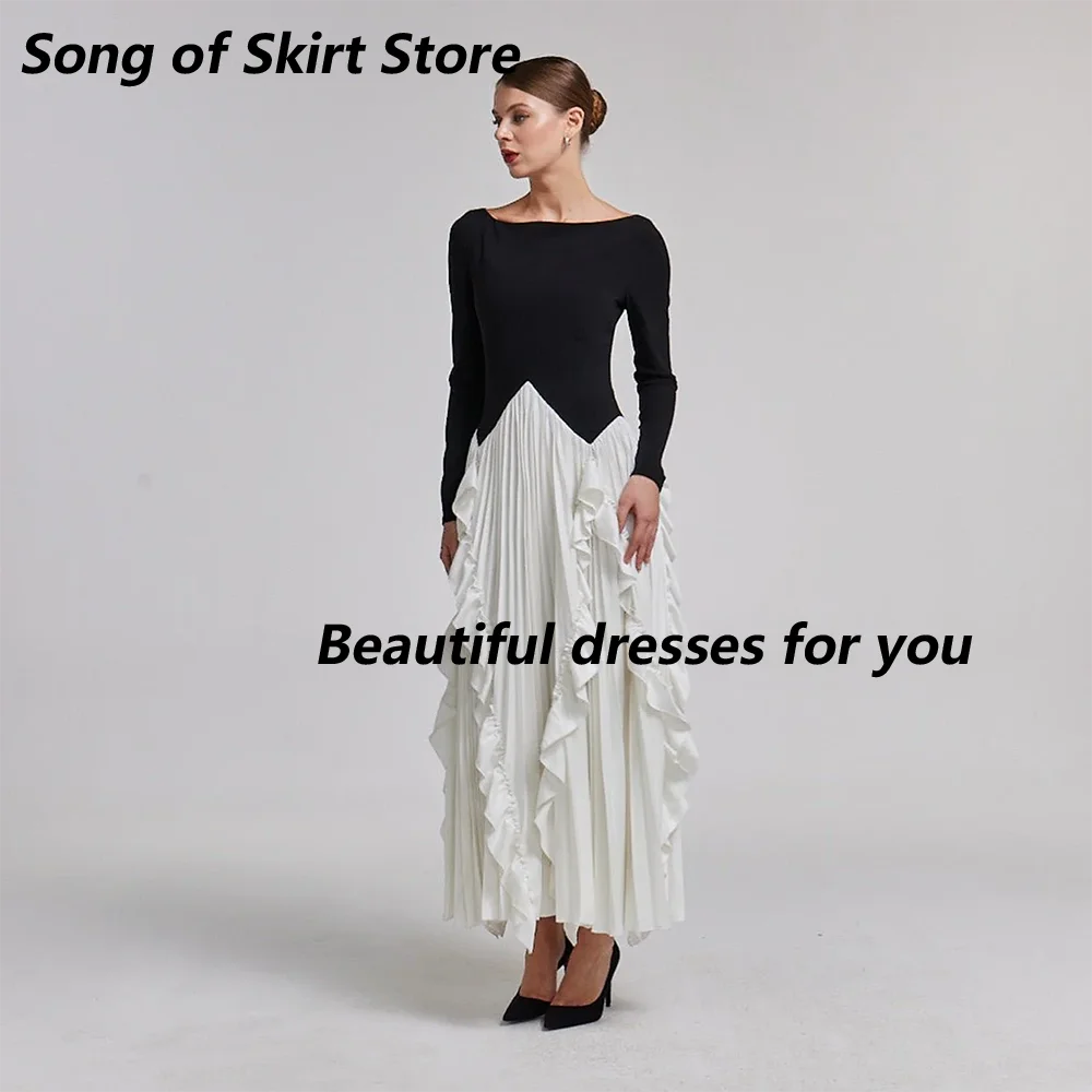 فستان سهرة بألوان متباينة مخصص بأكمام طويلة وكشكشة بطول الكاحل على شكل حرف A فستان حفلة موسيقية مناسبة رسمية مقاس مخصص #4