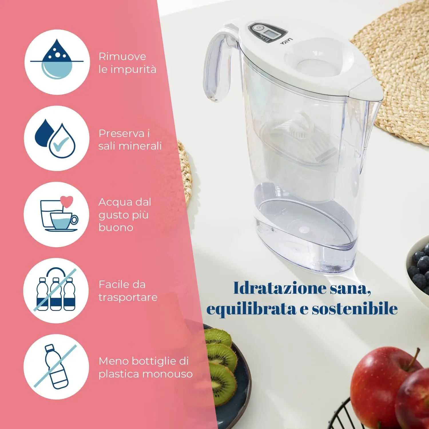 Line di LAICA - 2,3L - 6 Filtri ثنائي التدفق، Preserva i sali minerali e Riduce le sostanze indesiderate - Timer digitale