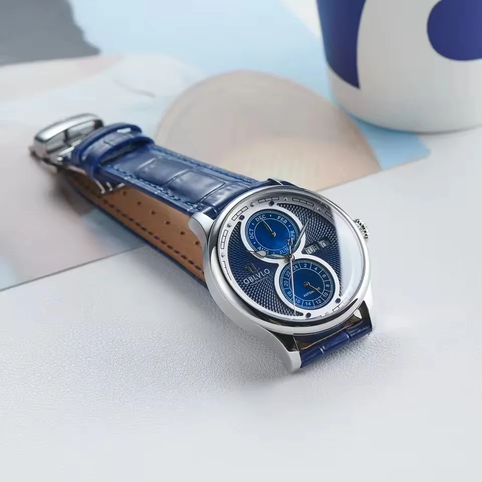 Reef Tiger Men Automatic Watch 42mm Fashion Mechanical Wristwatch 5ATM Luminous Multi MOP Dial Month,Week,Date,24 Hours