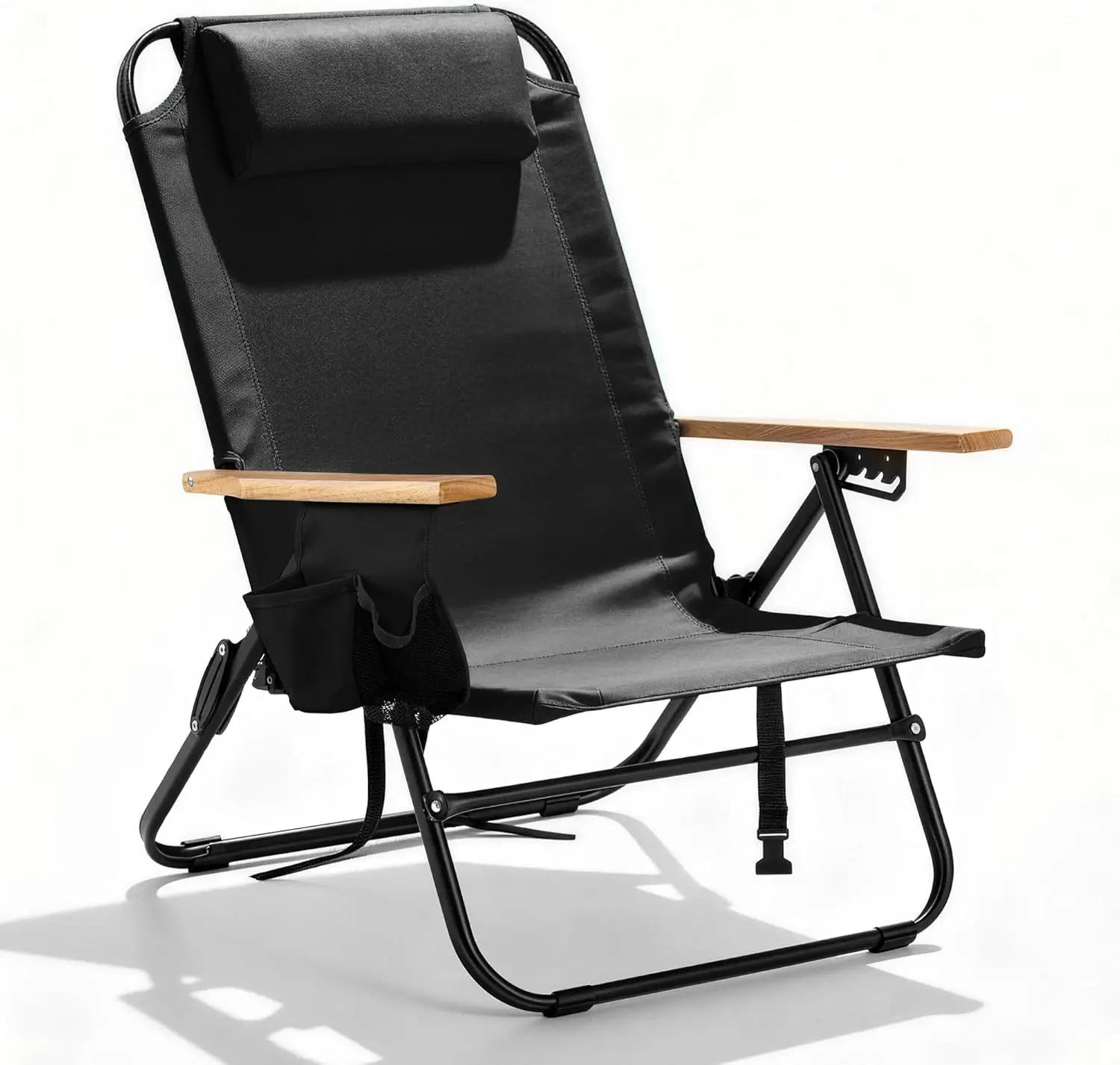 

Portable Camping Chair 5-Position Recliner Heavy Duty 350lbs with Wooden Armrests, Headrest, Multi-Pockets, Black