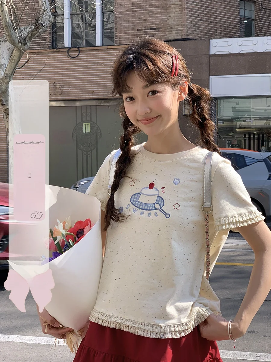 

Новая летняя женская футболка с коротким рукавом Jiang Jam, вязаная, с пэчворком и дизайном «кейк», из смесового хлопка и полиэстера, прямого кроя