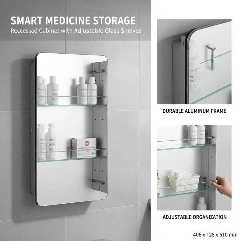 Medicine Cabinet, 16 x 24 inch, Medicine Cabinet for Bathroom with Mirror,  Aluminum Frame Bathroom Wall Cabinet, 2-layer Adjustable Shelves, Recessed & Wall-mounted Installation
