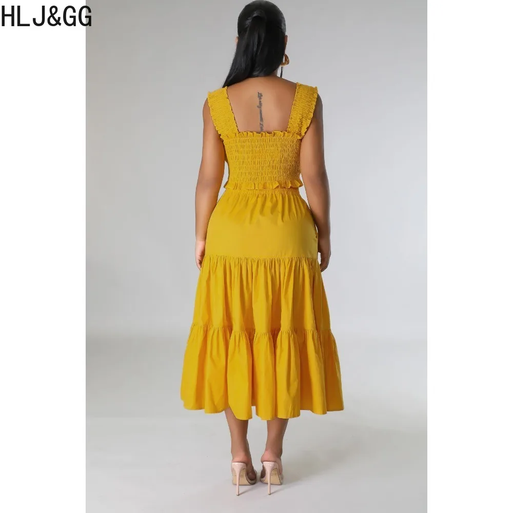 HLJ&GG Spring New Solid Ruched Skirts Two Piece Sets Women Splicing Strap Sleeveless Crop Top And Skirts Outfits Female Clothing