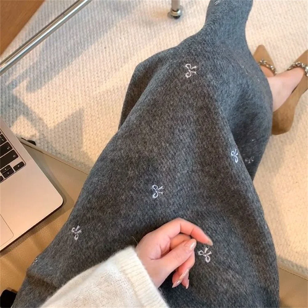 Vintage Cute Bow Knot Printed Grey Woolen Skirt Women Sweet Vintage A-Line Long Skirt Female Warm Autumn Winter Fashion Clothes