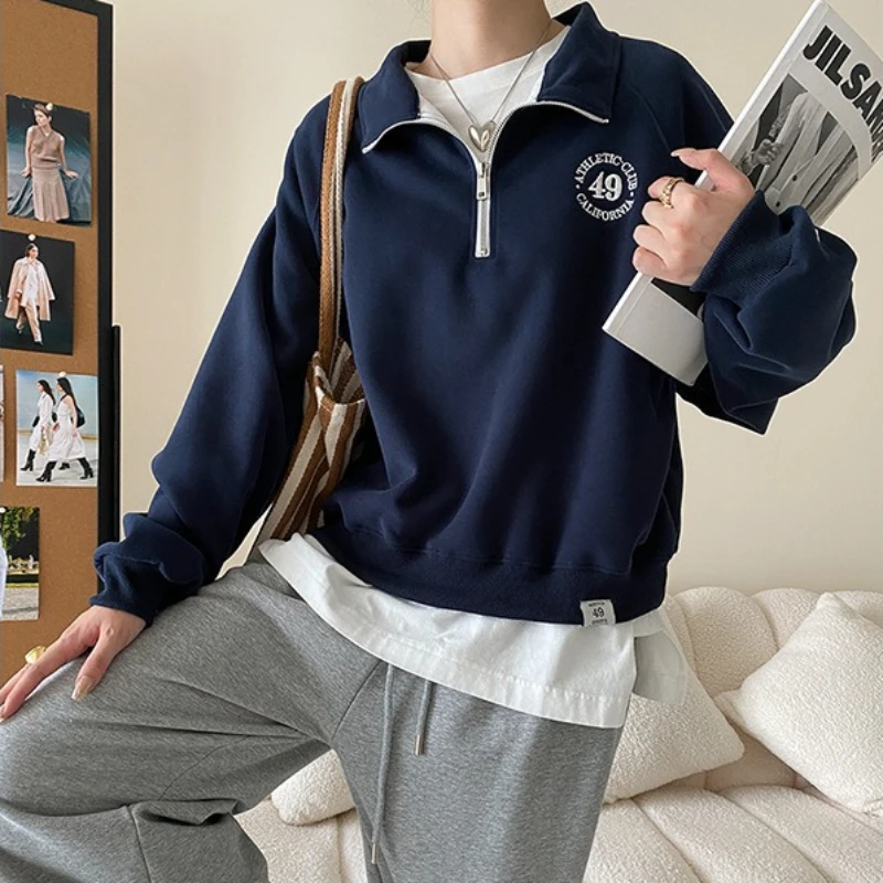 

Tops Women Sweatshirts Polo Neck Full Sleeve Zipper Y2k Streetwear Elegant Hoodies Casual Loose Sweatshirt Autumn Winter 2025